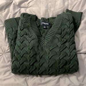 Lands End v-neck cable knit sweater size L dark green